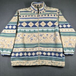 Alfred Dunner Fleece Jacket Womens L Beige Blue Green Floral Geometric Mock Neck